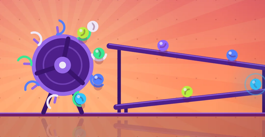 A purple wheel lifting coloured marbles onto a ramp